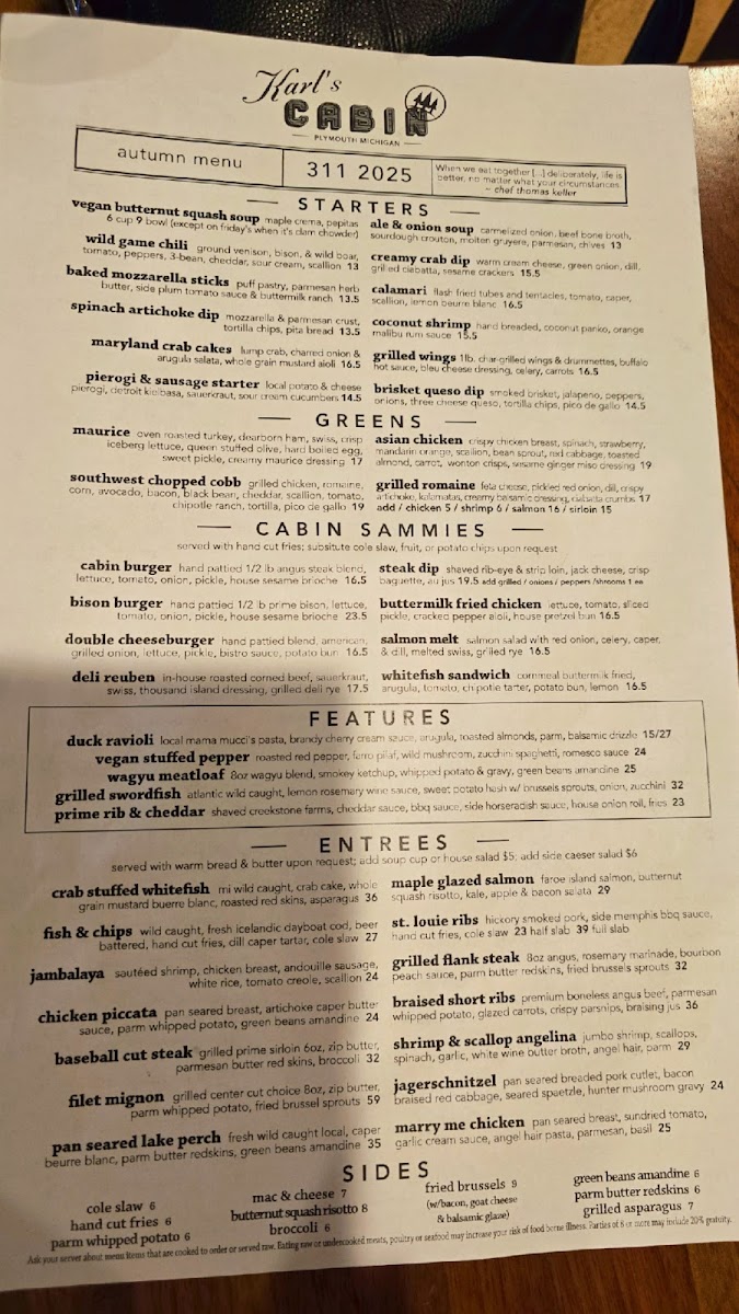 Karl's Cabin Restaurant & Banquets in Plymouth Menu - Image 1